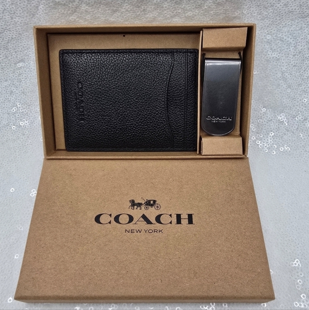 Coach Boxed Card Case & Money Clip Gift Set Black Leather - Picture 3 of 12